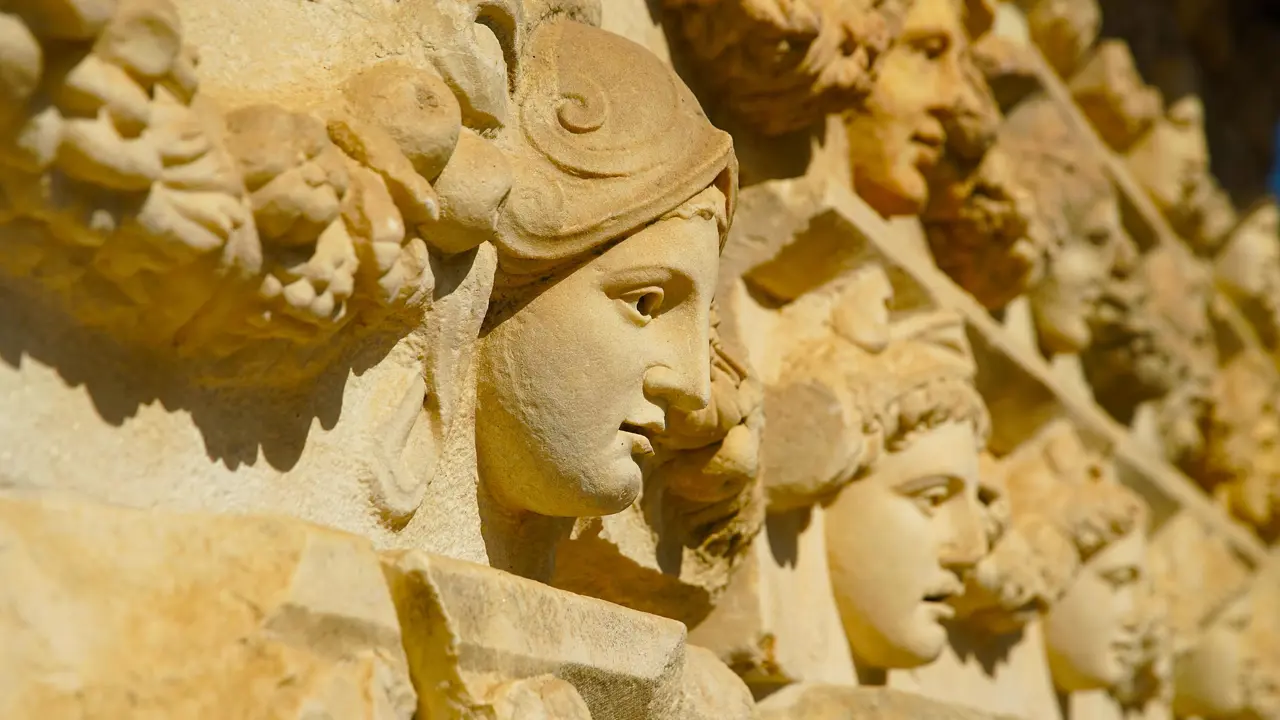 Sh 2229743847 Ancient Mask Relief In Aphrodisias Ancient City In Geyre, Aydin, Turkiye